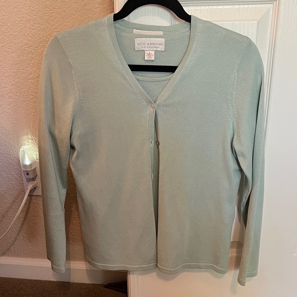 Petite Sophisticate Aquamarine Cashmere Twin Set.